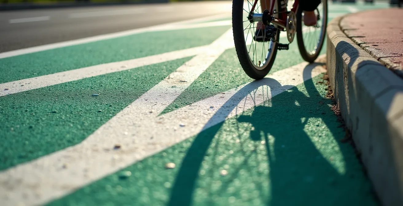 Vue aérienne d'une piste cyclable protégée du REV avec cyclistes en mouvement et séparation physique de la circulation