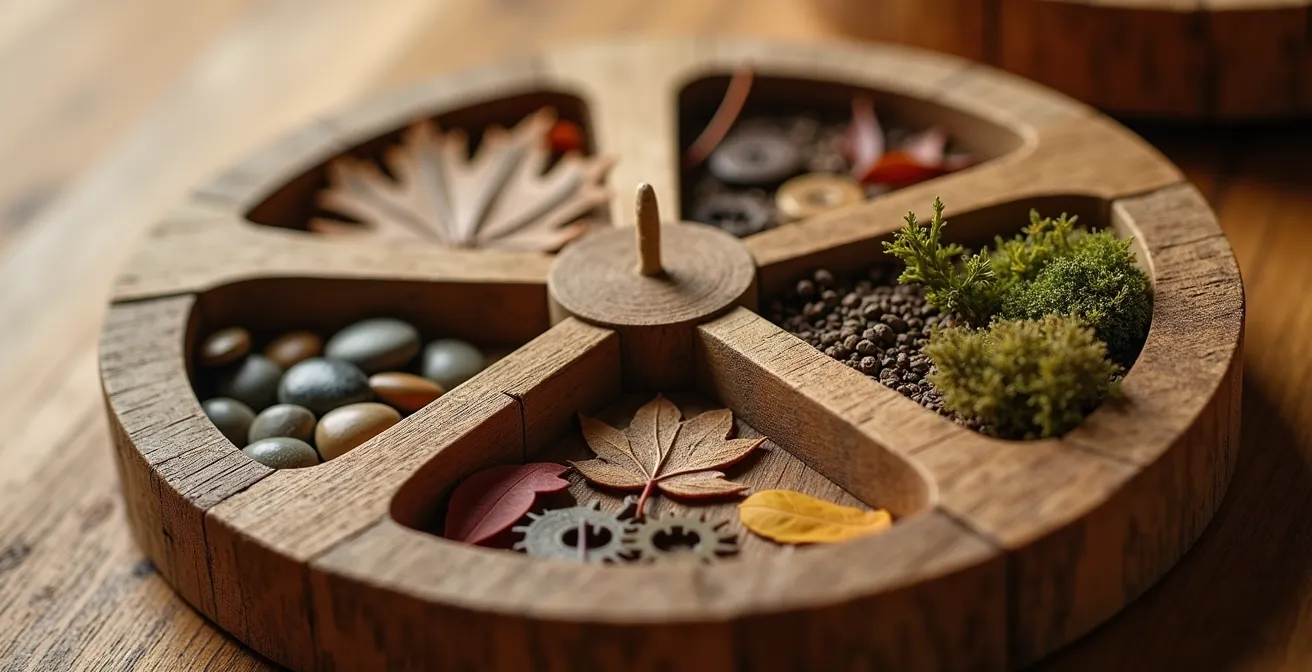 Vue macro d'une roue de vie personnalisée avec des sections colorées représentant différents aspects de la vie