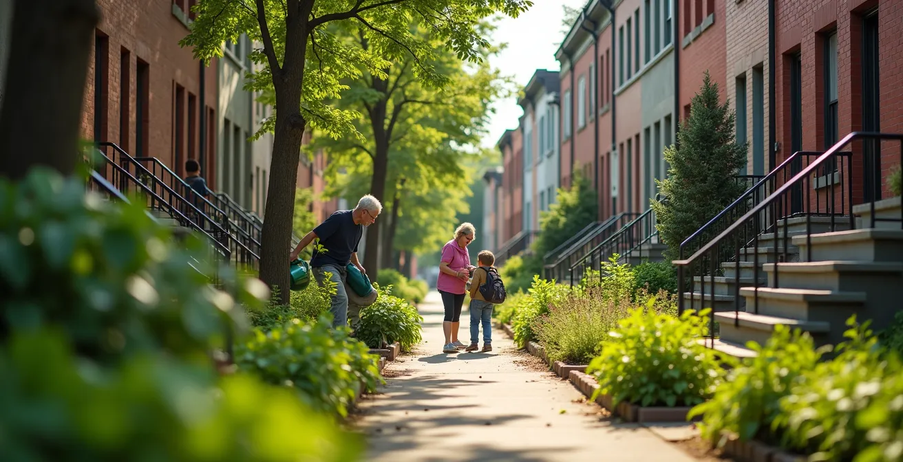 Ruelle verte verdoyante de Montréal avec jardins communautaires et voisins qui socialisent