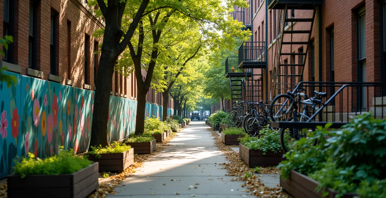 Ruelle verte du Plateau Mont-Royal avec murales et végétation urbaine