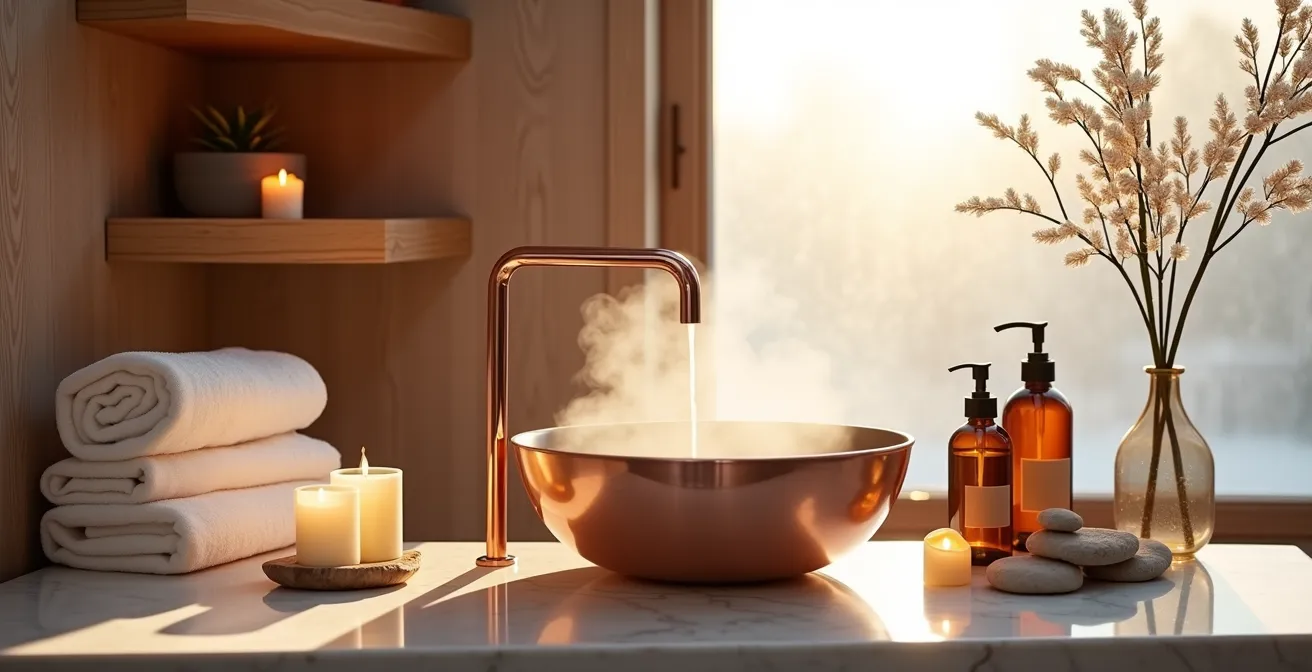 Salle de bain minimaliste inspirée des spas nordiques avec matériaux bruts et lumière tamisée