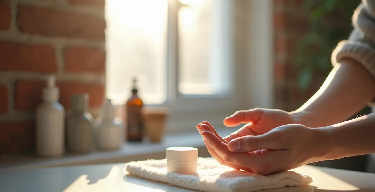 Mains appliquant délicatement une crème riche avec gestes de massage sur le dos de la main