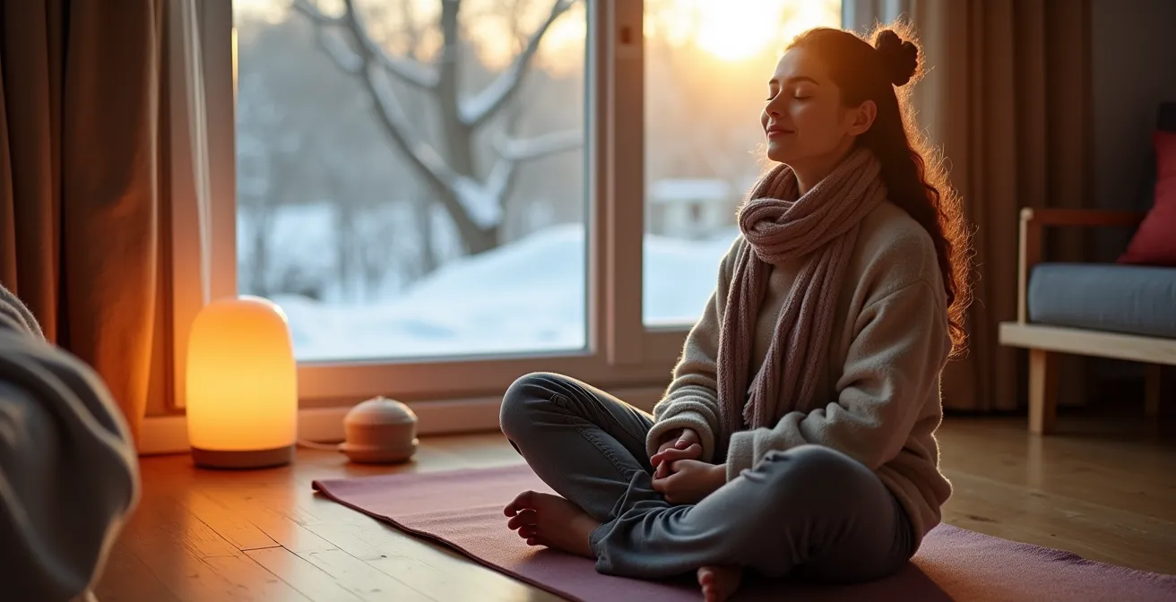Personne pratiquant la méditation près d'une lampe de luminothérapie dans un intérieur québécois hivernal