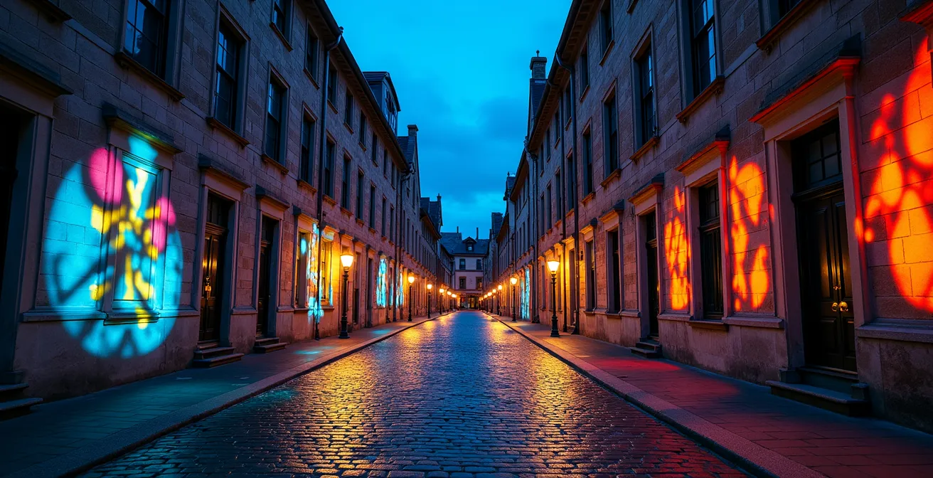 Projections lumineuses de Cité Mémoire sur les murs historiques du Vieux-Montréal au crépuscule