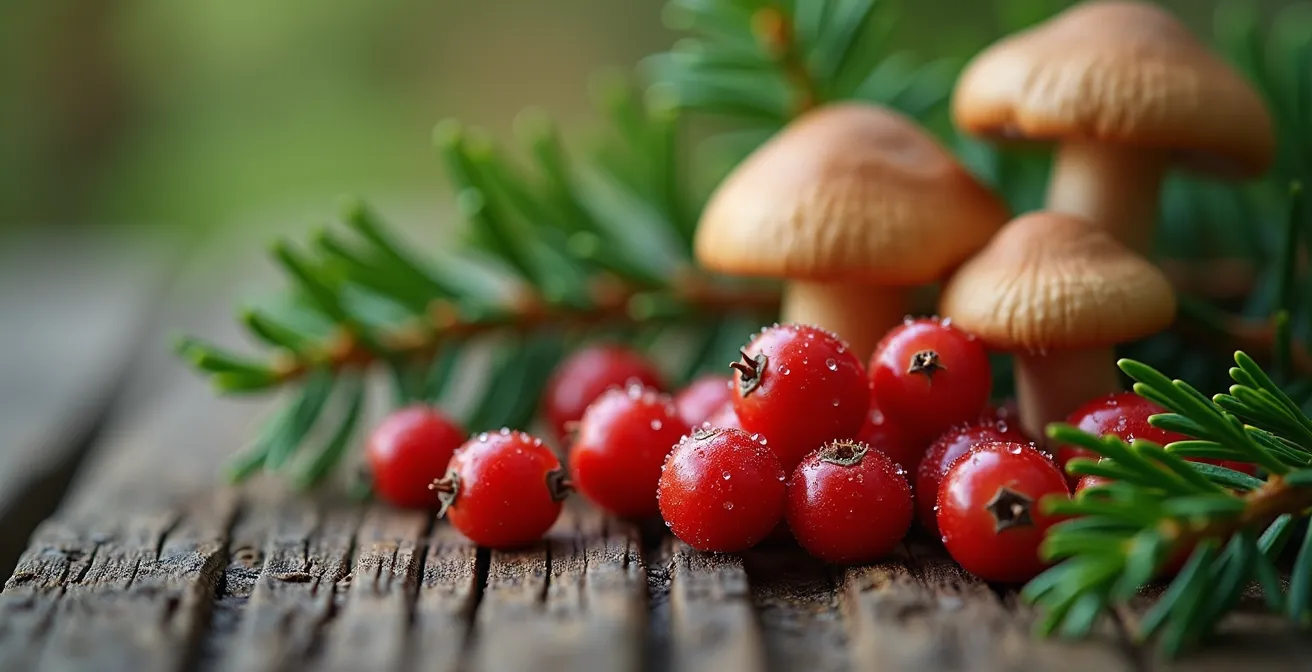 Gros plan macro sur des baies boréales et branches de sapin baumier
