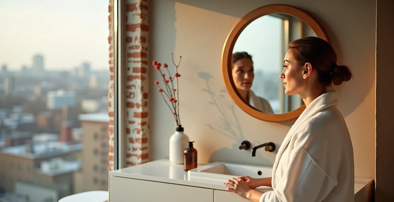 Femme observant attentivement son visage dans un miroir rond en bois avec lumière naturelle du matin