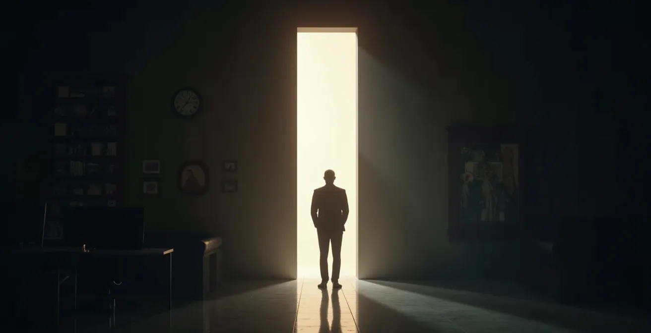 Professionnel confiant en tenue d'affaires dans environnement corporate moderne